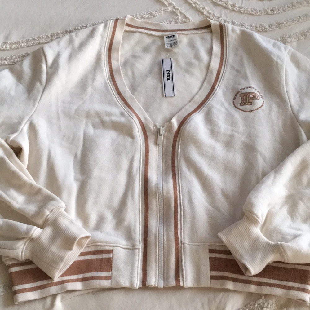 Victoria Secret Pink nwt Cream Zip-Front Bomber Jacket with Tan Contrast Trim - Picture 3 of 7